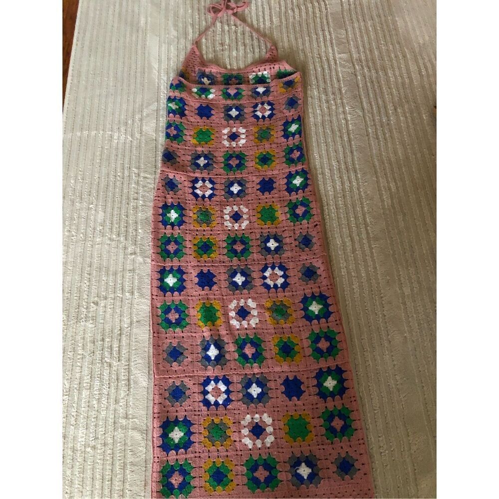 Forever 21 Crochet Granny Square Maxi Dress Pink Boho Festival Small - Picture 9 of 10